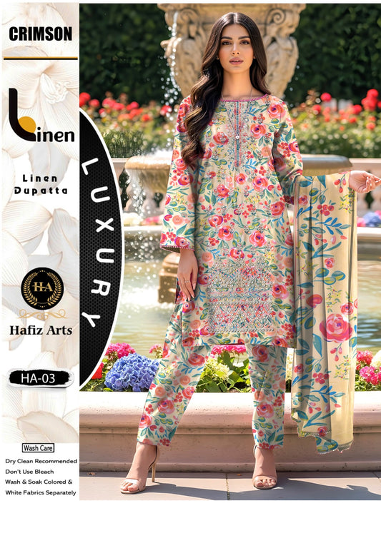 Crimson Linen Embroidered 3 PC